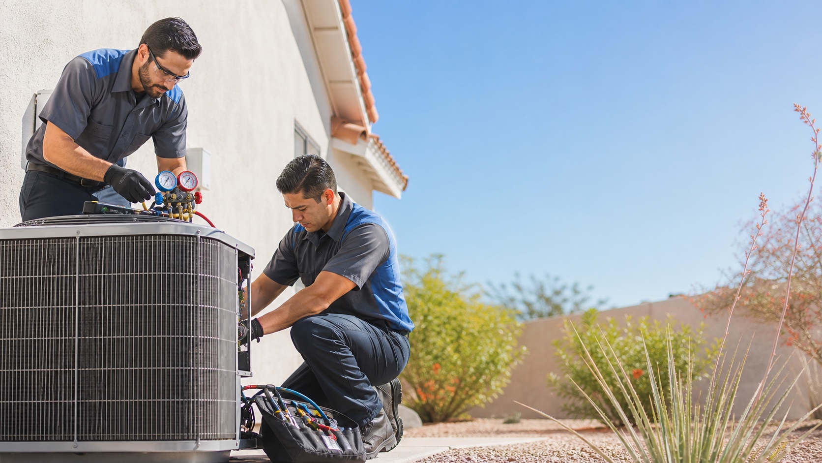 Professional HVAC technicians servicing an outdoor air conditioning system in Arizona